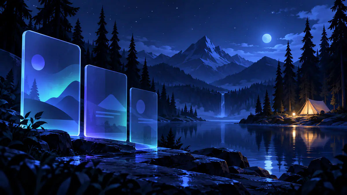 Original 99 nights in the forest script research illustration with a forest camp and abstract catalogue panels