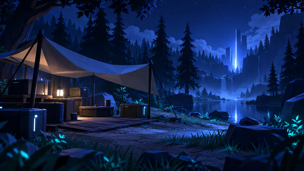 Original illustration of a forest camp with abstract resource crates and a distant light