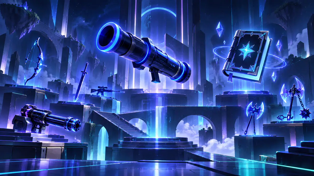 Original illustration of an abstract arcade arena with oversized weapon silhouettes and glowing platforms