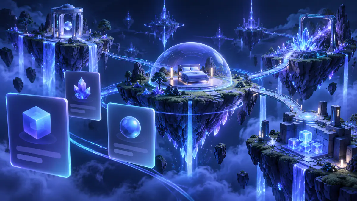 Original BedWars script illustration of floating defense islands beside abstract source-status cards