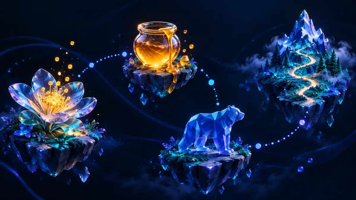 Original feature-map illustration linking pollen, honey, bear-quest and travel symbols with dotted paths