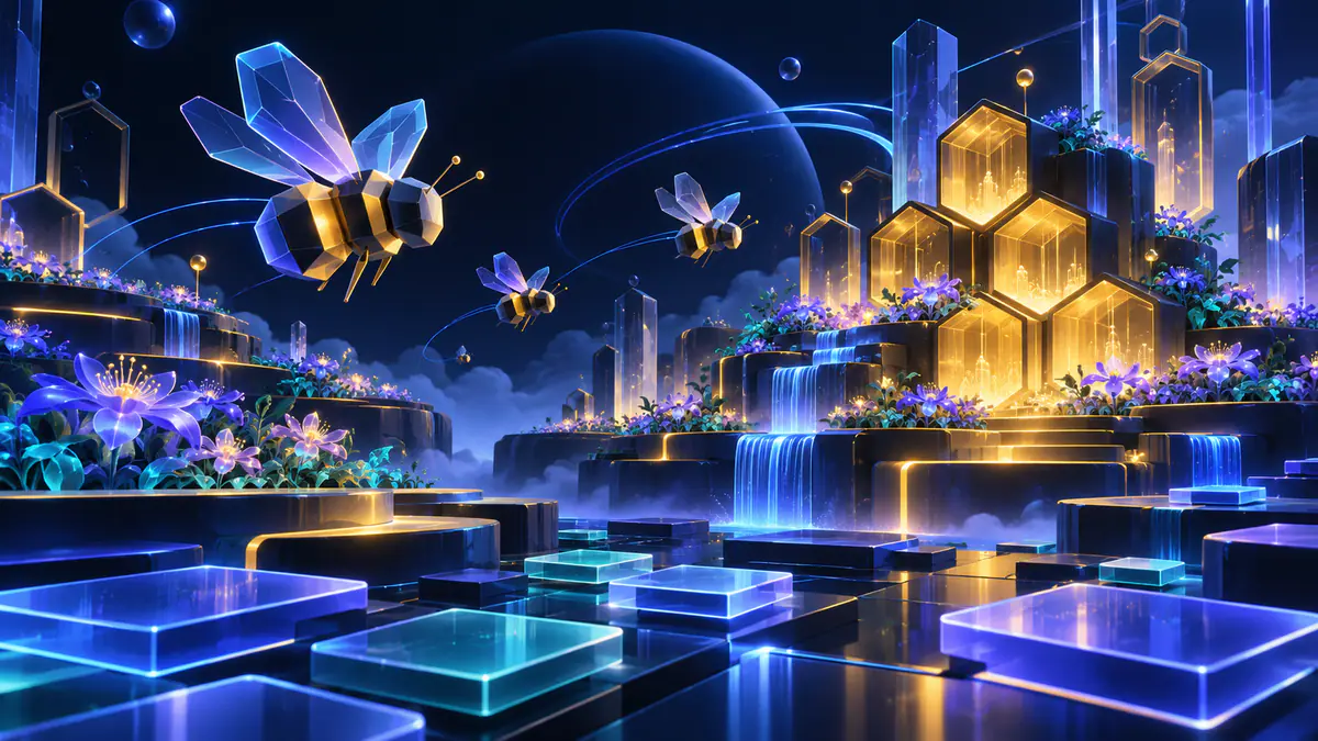 Original bee swarm simulator script catalogue illustration with abstract bees, flowers and remote-file tiles