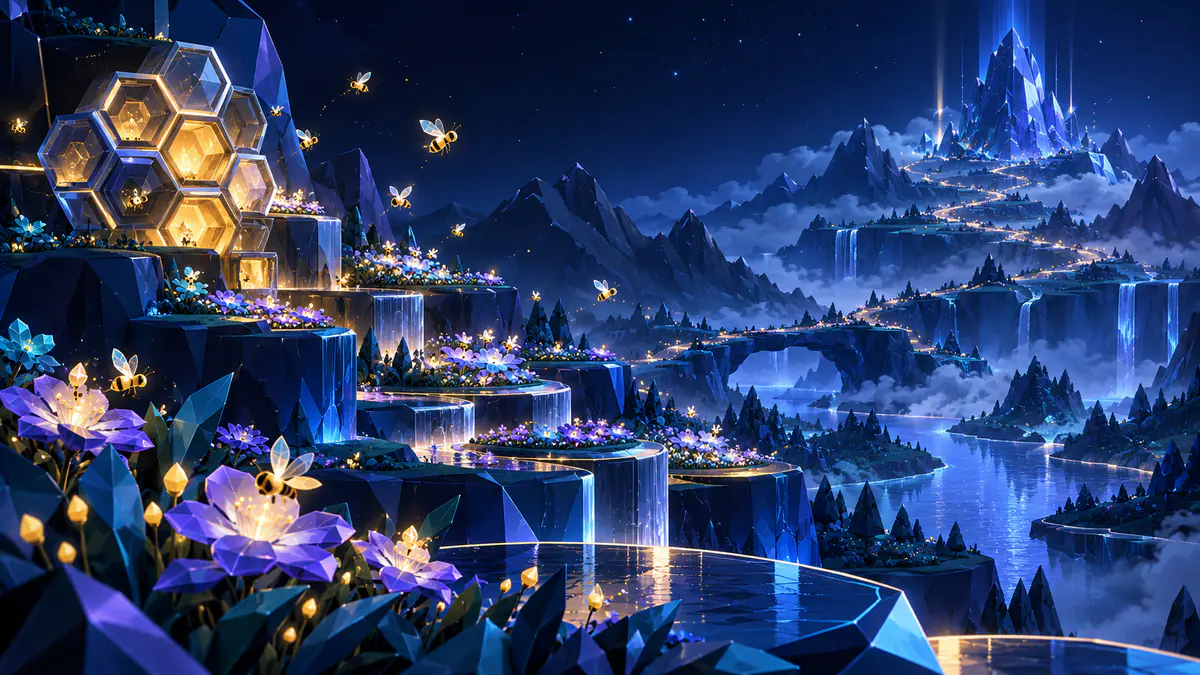 Original illustration of abstract bee-like shapes above flower terraces beside a mountain hive