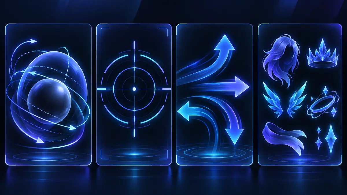 Original feature-map illustration separating a deflection arc, an aiming reticle, movement arrows and cosmetic silhouettes