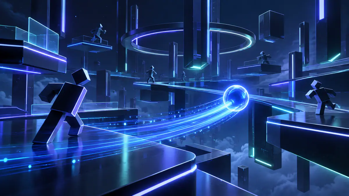 Original illustration of a luminous ball curving through a geometric arena toward abstract player silhouettes