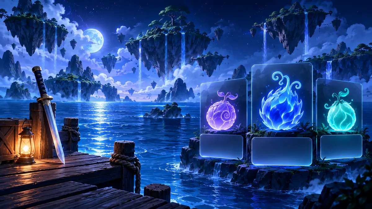 Original blox fruits script illustration of ocean islands and abstract source cards