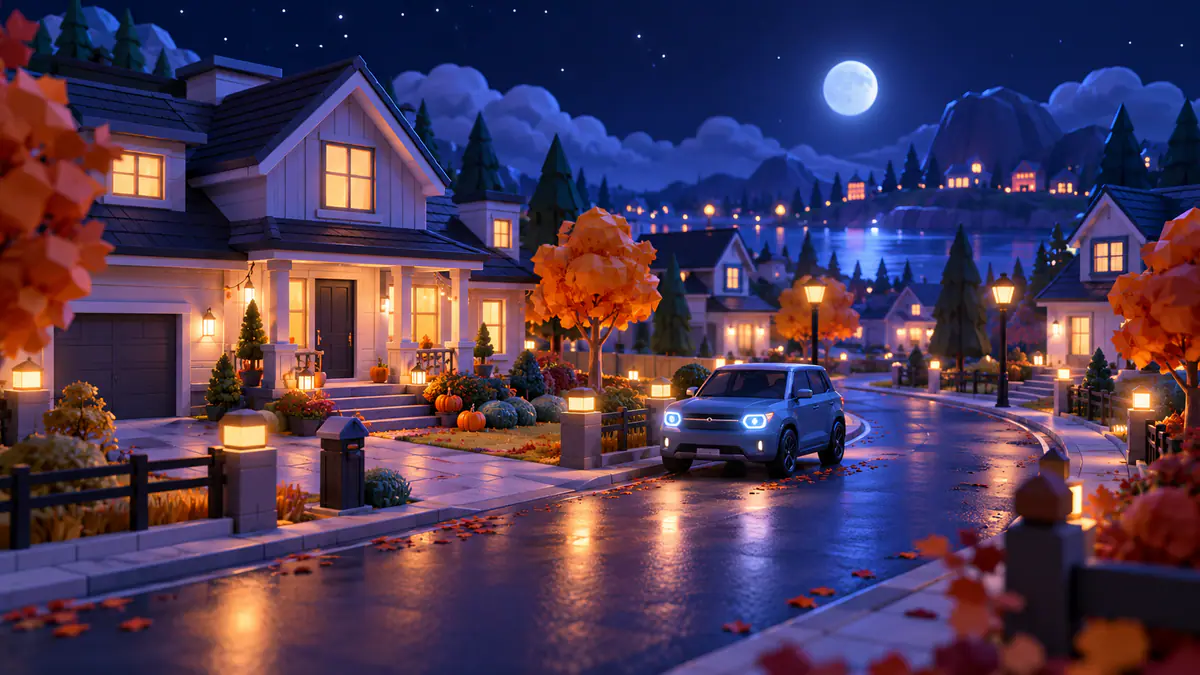 Original illustration of a nighttime roleplay town with houses, a car and decorative seasonal props