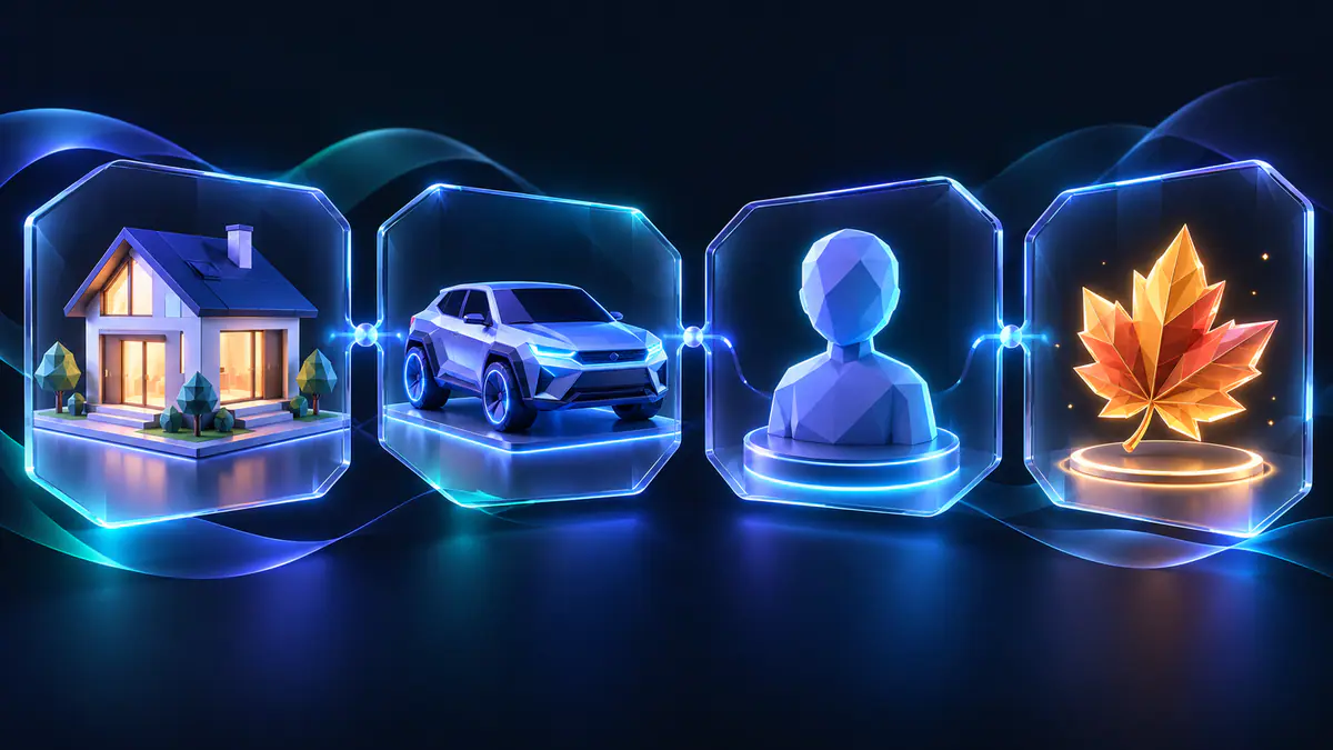 Original illustration mapping a house, vehicle, avatar silhouette and seasonal collectible into separate feature panels