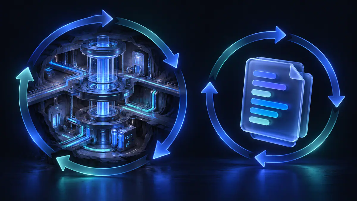 Original illustration of an abstract game environment changing beside an unchanged remote-file address symbol