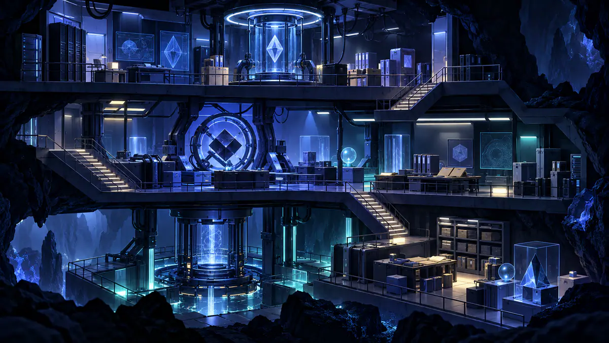 Original illustration of an underground cooperative survival setting with machines, research folders and collectible trinkets