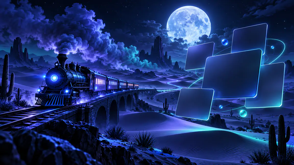 Original dead rails script illustration of a desert train beside abstract source cards