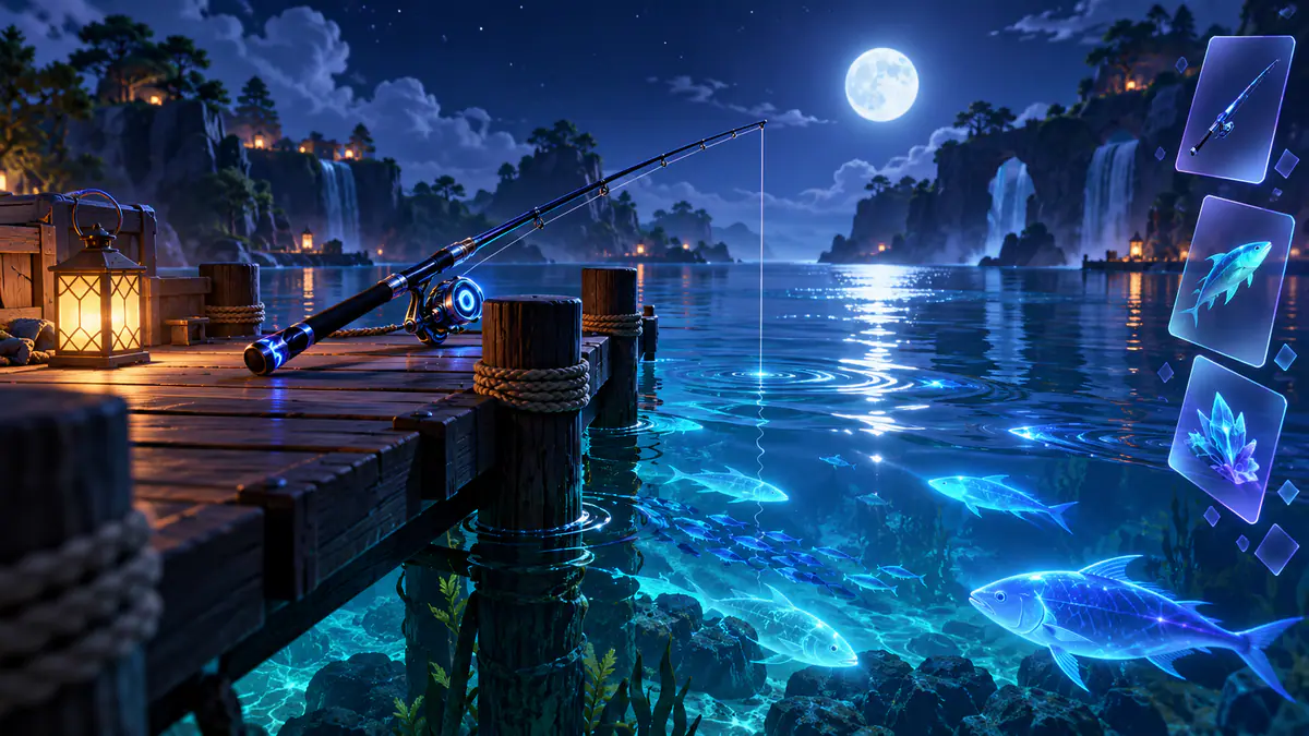 Original illustration for a Fisch script catalogue showing a moonlit fishing inlet and abstract source cards