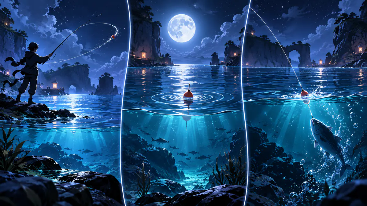 Original illustration of casting, waiting and reeling beside a moonlit fishing inlet
