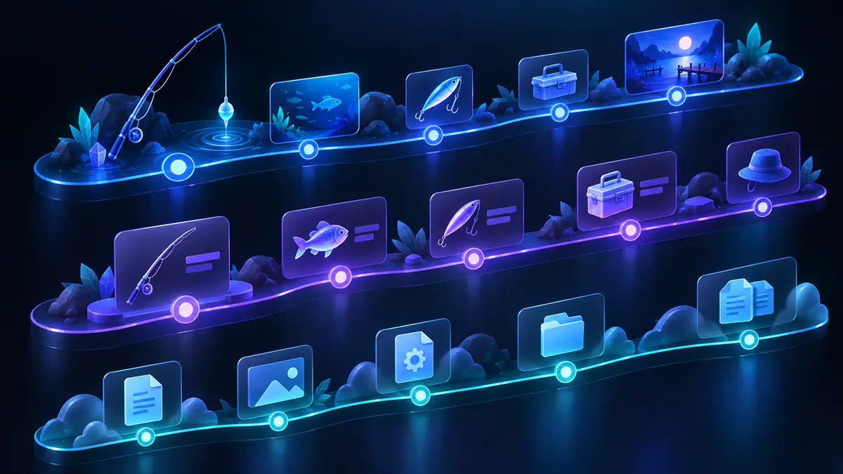 Original illustration of a fishing interface panel and remote-file tiles shifting along separate timelines