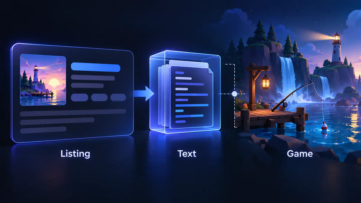 Original explainer illustration connecting a listing card to a remote text file and a separate game-world panel