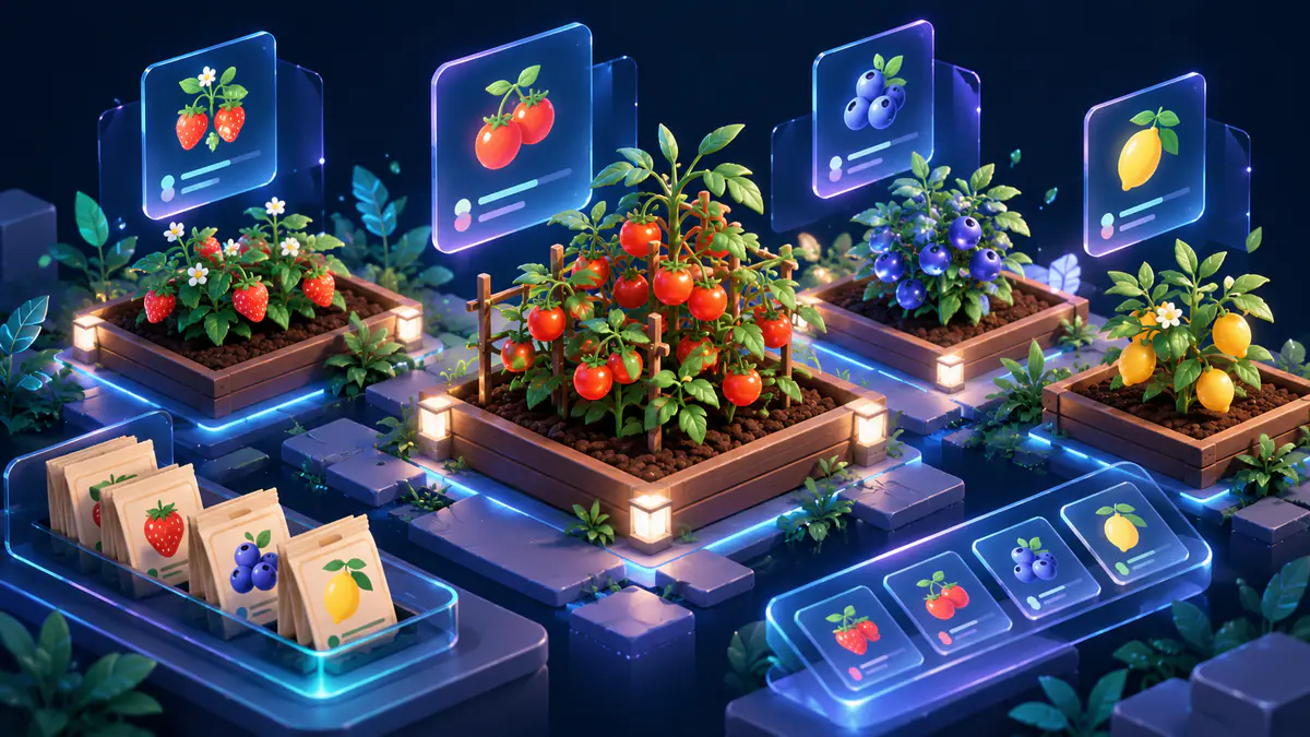 Original grow a garden script illustration with garden plots and abstract catalogue cards