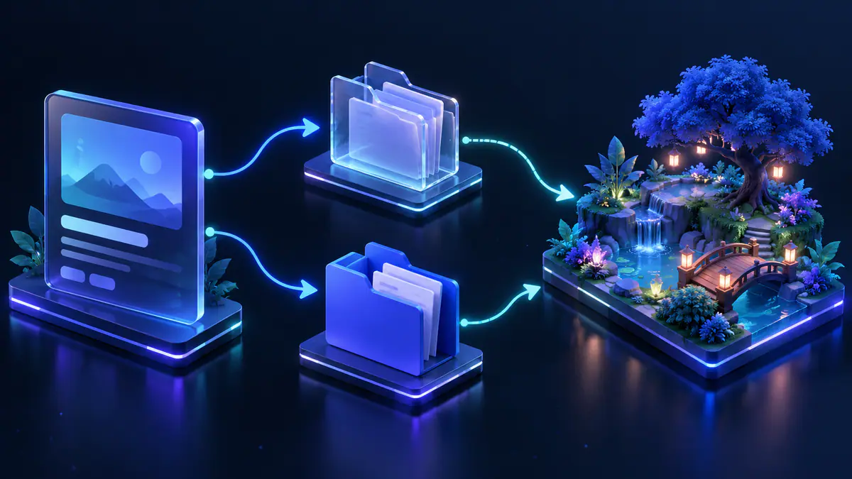 Original explainer illustration of a listing card connected through remote-file containers to a garden scene