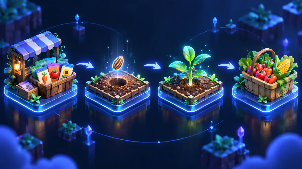 Original illustration of seed buying, planting, growth and harvest arranged around garden plots
