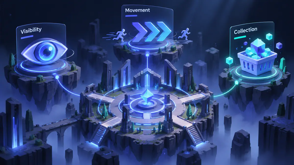 Explainer illustration grouping visibility, movement and collection claims around a mystery arena