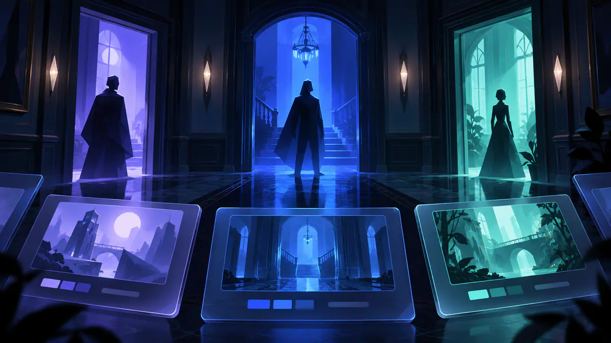 Original murder mystery 2 script collection illustration with a mysterious corridor and abstract catalogue panels
