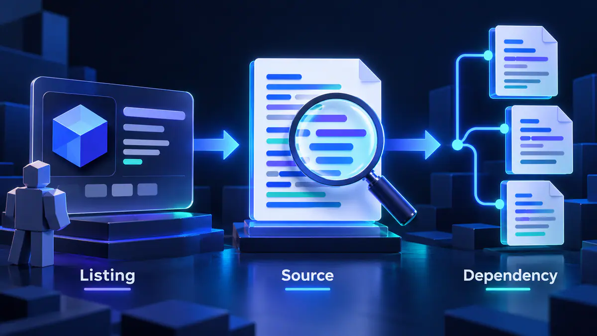Explainer illustration of a catalogue card leading to a remote text file and another dependency