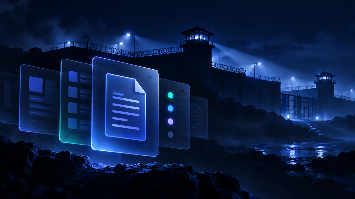 Original prison life script index illustration with a fictional prison silhouette and abstract source cards