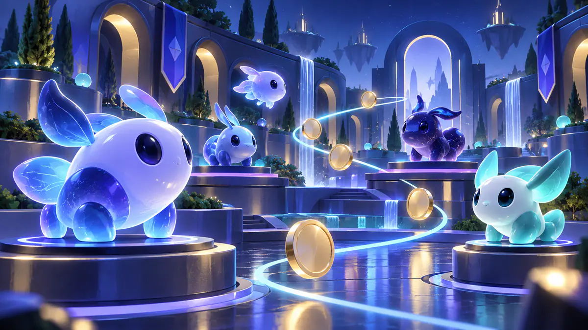Original illustration of abstract collectible creatures and money tokens around a tycoon courtyard