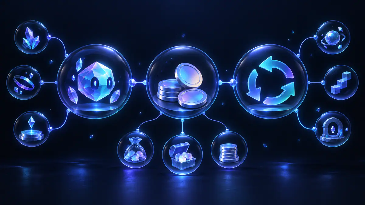 Original illustration of money tokens, collectible pedestals and a branching progression path