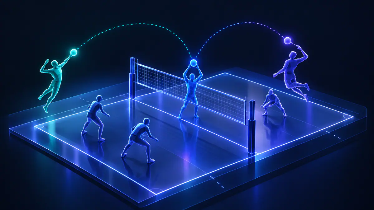 Original illustration of a volleyball serve, set and spike across a generic court