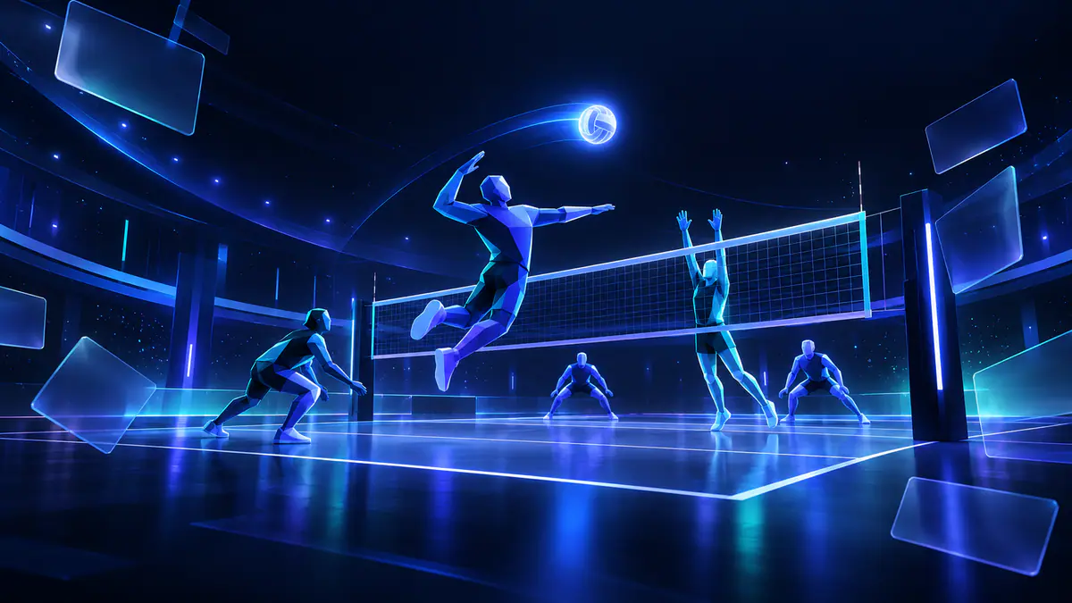 Original volleyball legends script illustration showing a generic neon court and source cards