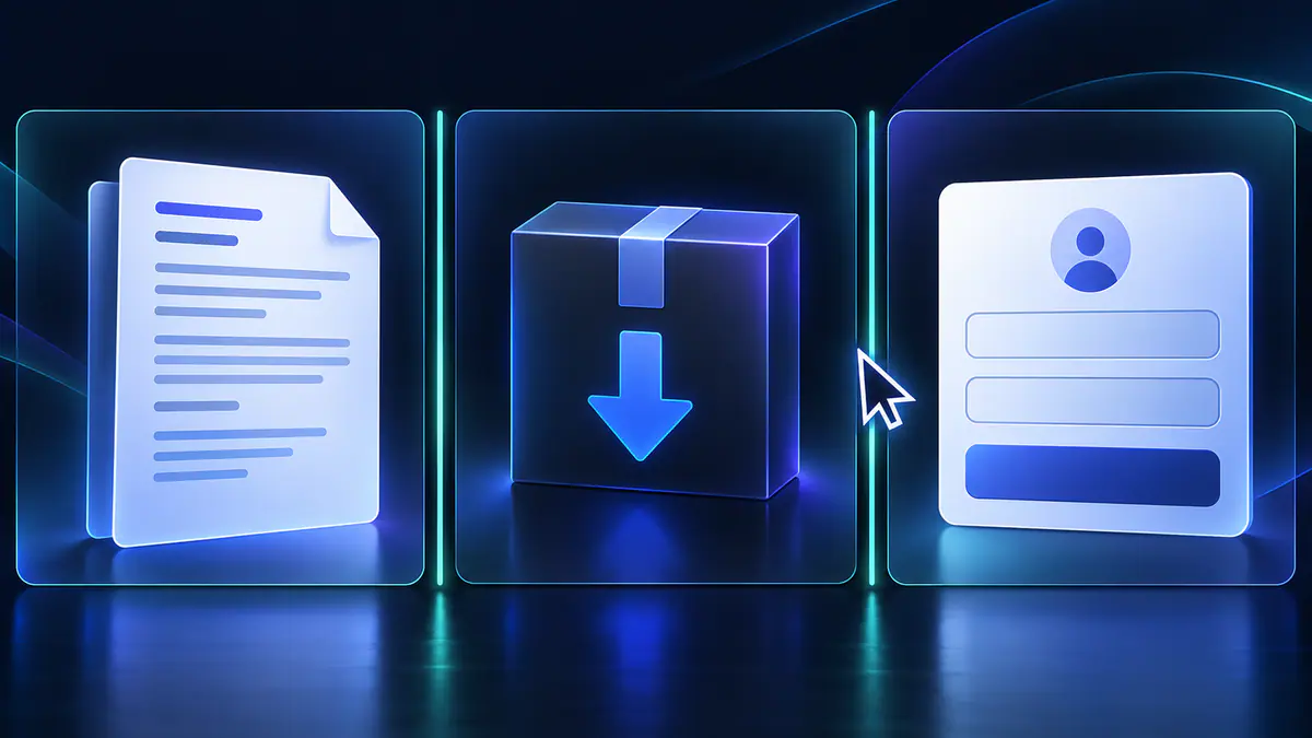 Illustration comparing a text listing with an installation package and a credential form