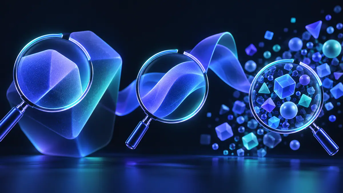 Original illustration of three inspection lenses examining abstract markers, long ribbons and clustered escape symbols.