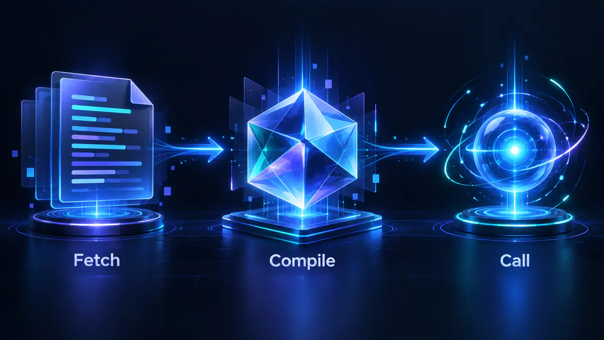 Illustration of loadstring game httpget as three connected fetch, compile and call stages