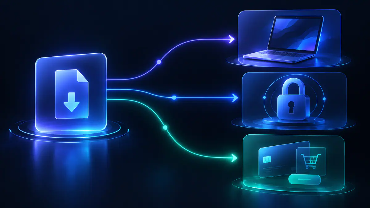 Illustration of separate paths from a download lure to a device, account, and purchase prompt