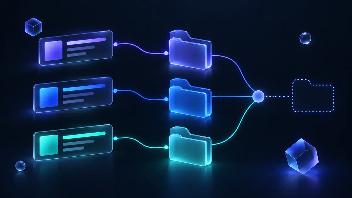 Original illustration of listing cards connecting to file hosts and a missing destination