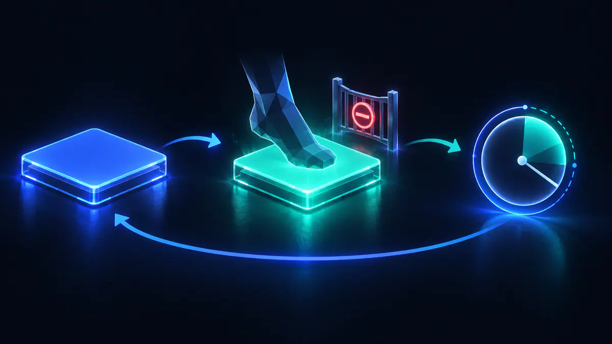 Illustration of a blue pad, a teal active pad, and a timed return connected in a loop