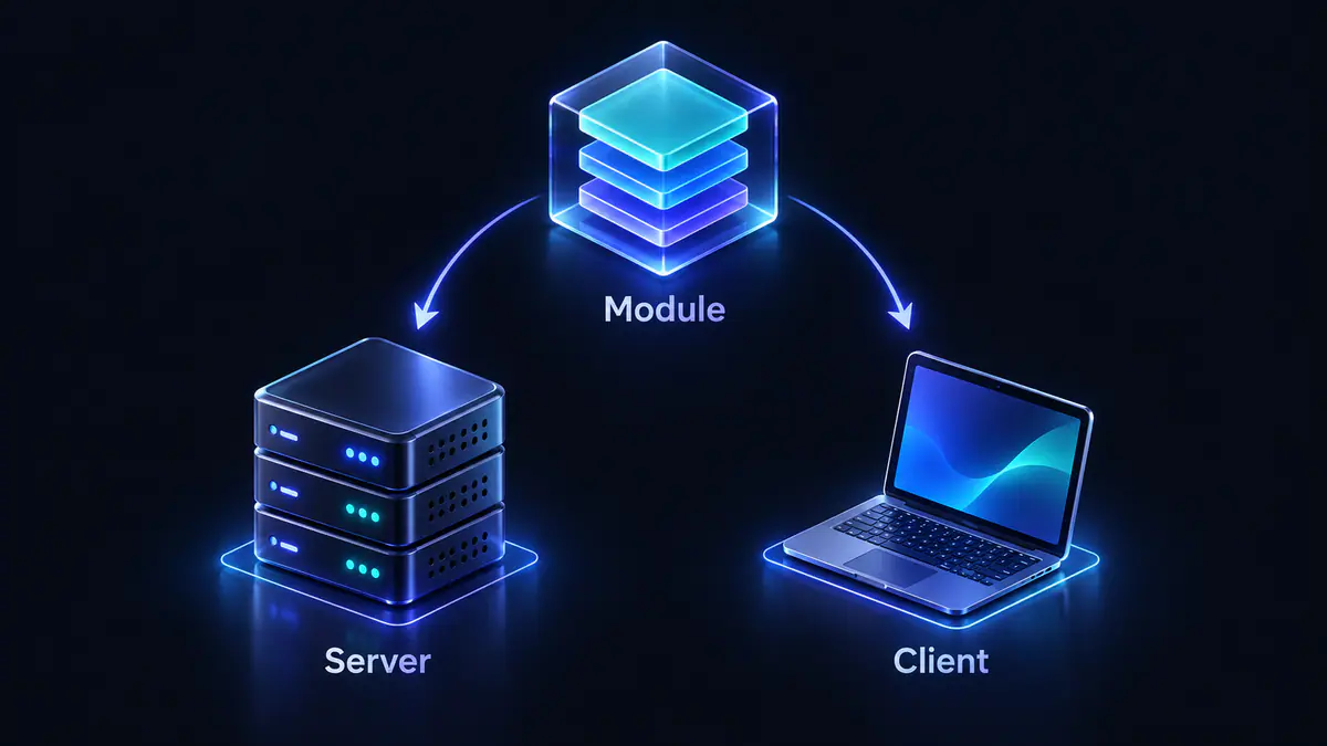 Illustration of server, client, and reusable module containers connected by arrows