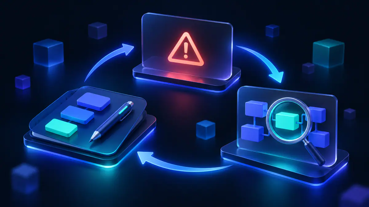 Illustration of a magnifier linking an abstract error marker to a highlighted block and a revised pad