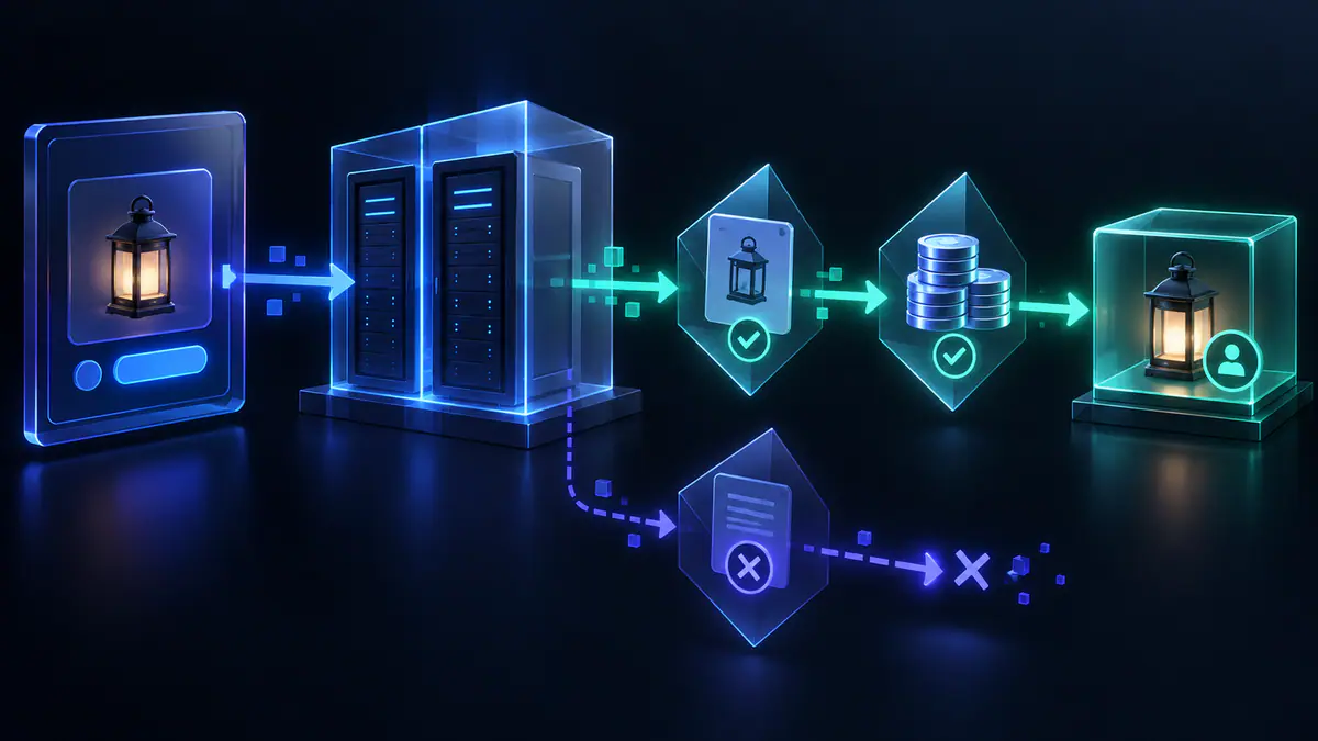 Illustration of a shop request passing server catalog and balance gates before a coin deduction and ownership marker