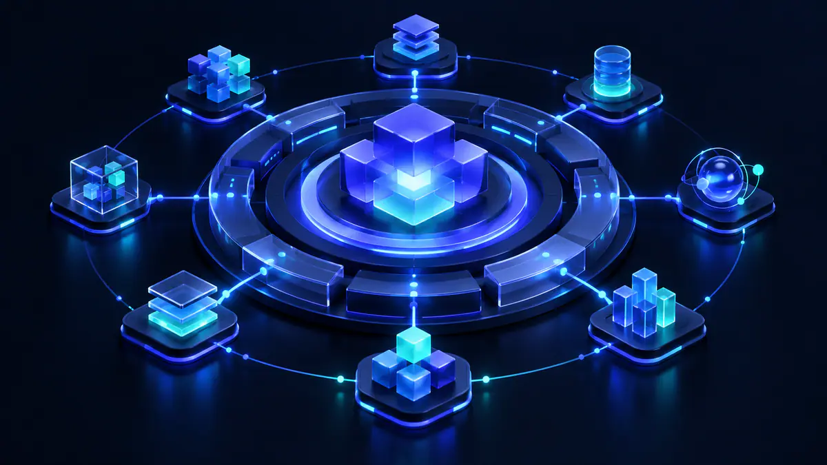 Illustration of a small language core connected to a larger engine layer containing abstract objects and service nodes