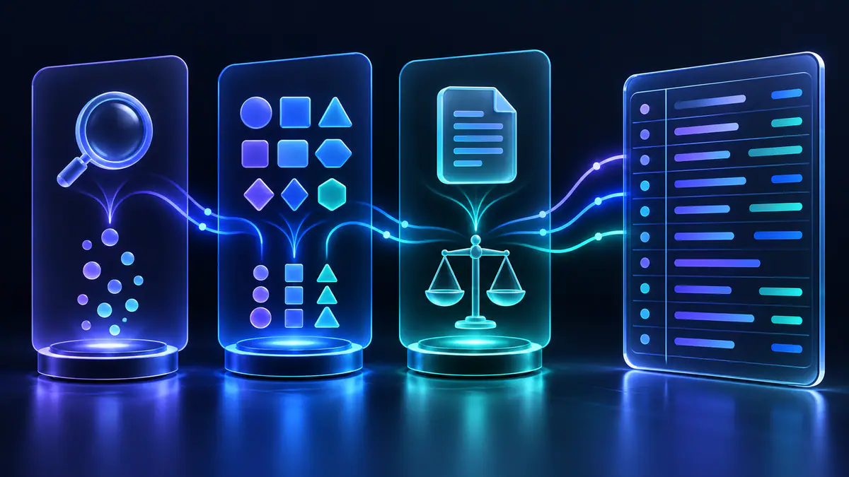 Illustration of separate status, code-kind and editorial-rights review paths beside an exclusion ledger
