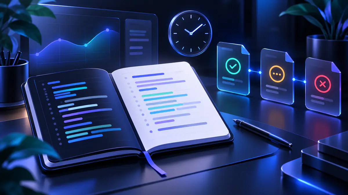 Illustration of a diagnostic notebook beside a clock and linked file cards