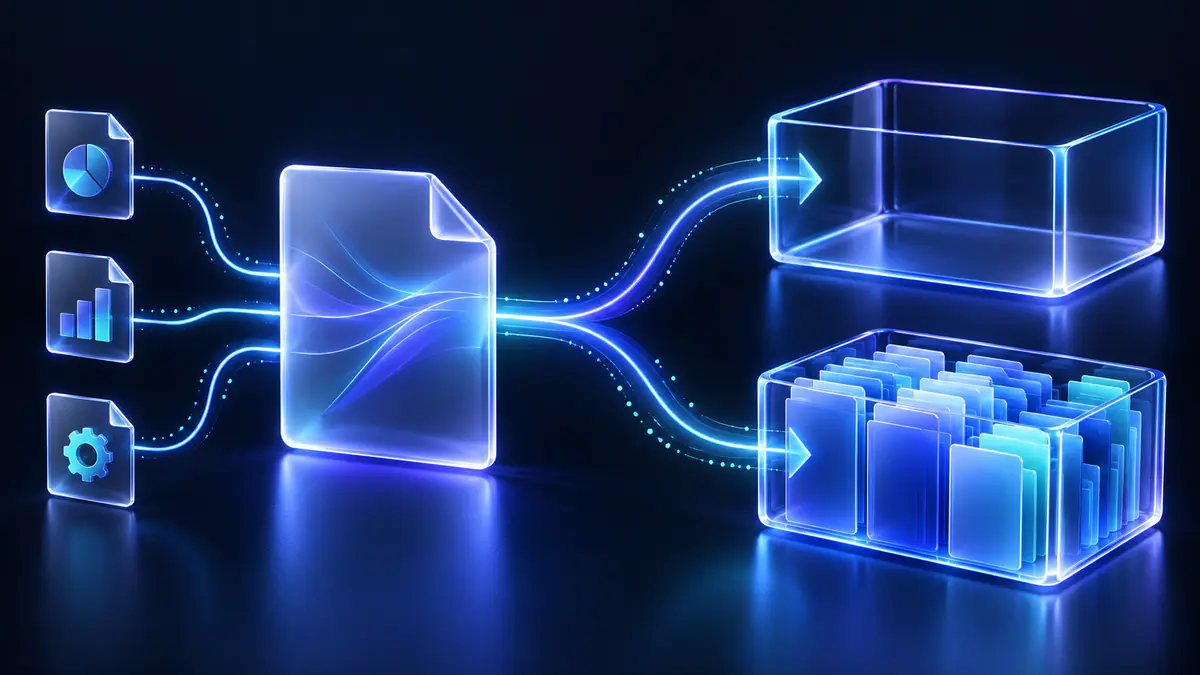 Original illustration of an entry document branching toward empty and opaque file containers