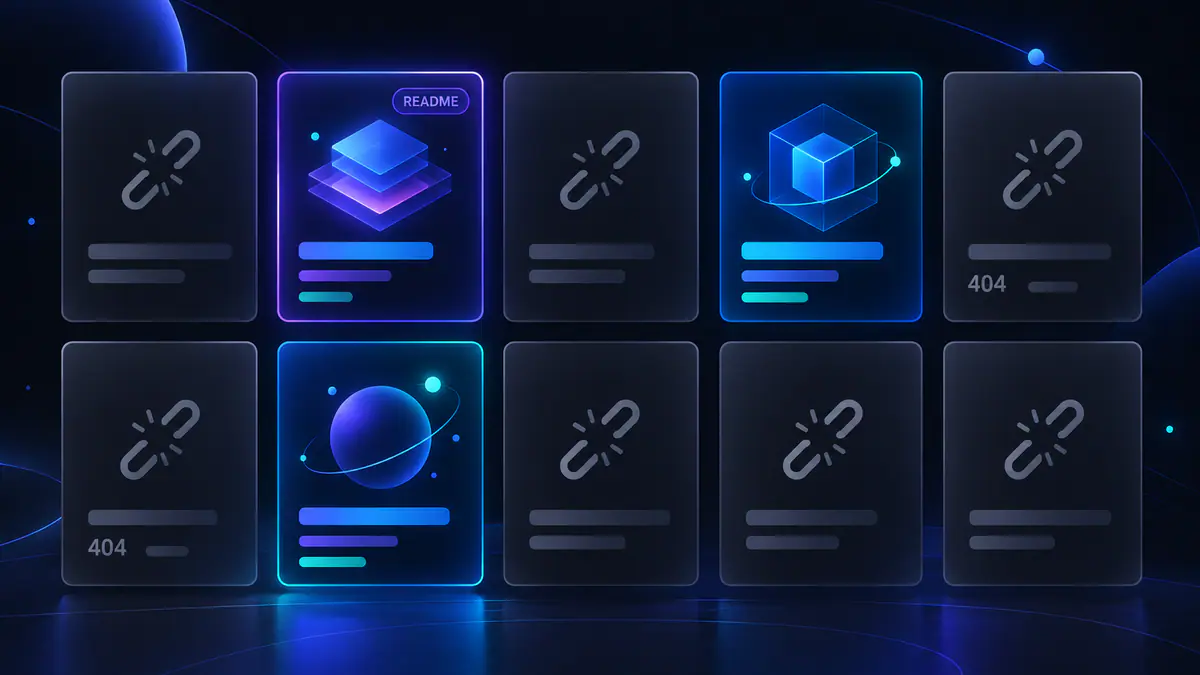 Conceptual illustration of ten loader cards, seven greyed out as dead links and three lit, one highlighted as the README loader