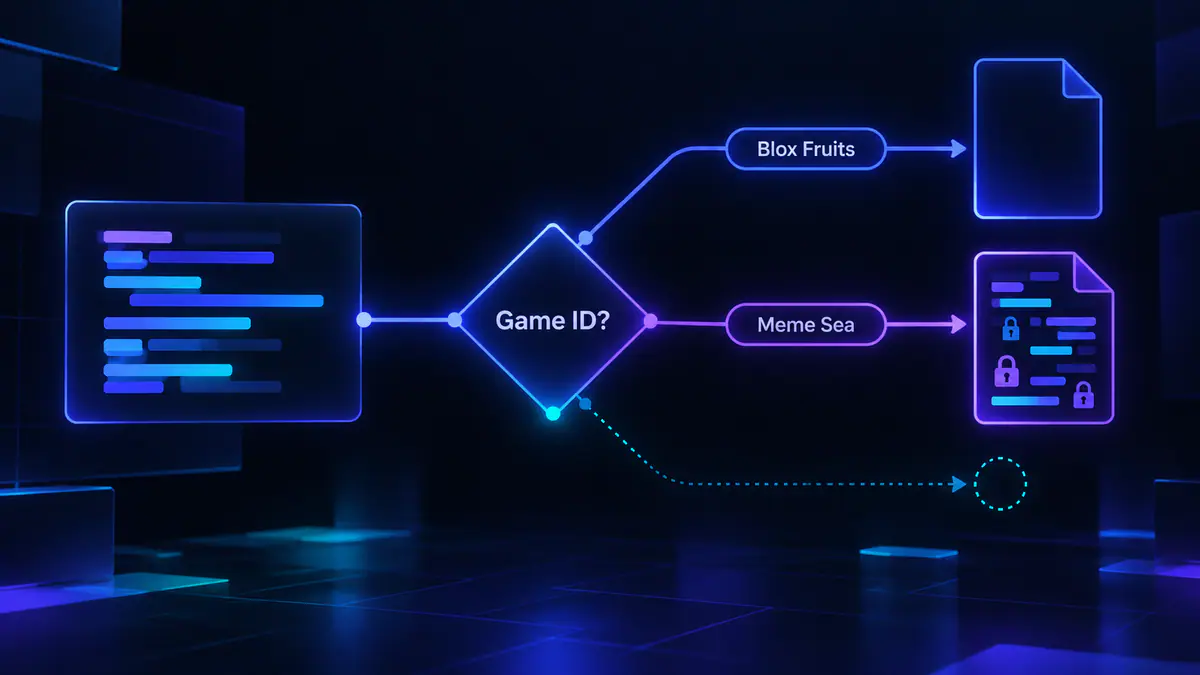 Illustrated flow diagram of the Redz Hub loader checking a game ID and routing to a Blox Fruits or Meme Sea file