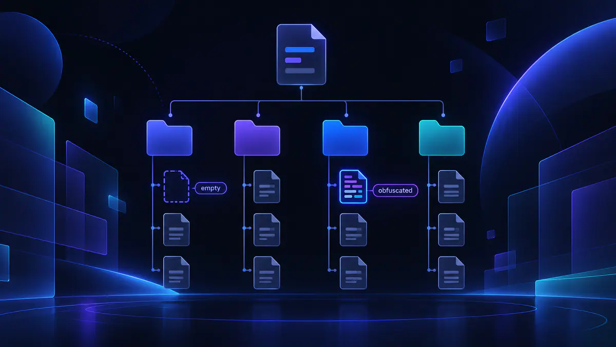 Illustration of a repository file tree with Games, Library, Utils and Translator folders, two files marked empty and obfuscated