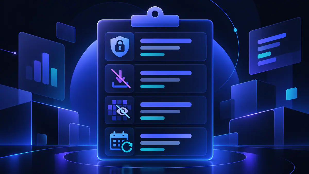 Illustration of a security checklist with icons for account protection, no downloads, obfuscated code and recheck dates