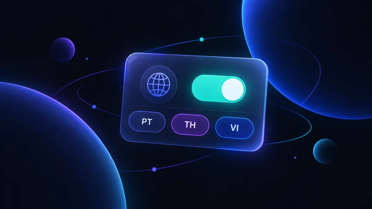Illustration of a settings panel with a translator toggle and language tags for Portuguese, Thai and Vietnamese
